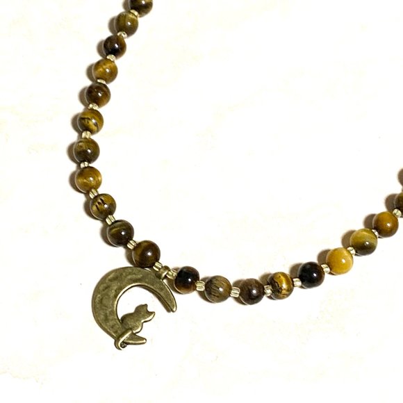 Tigers Eye Bronze Cat on the Moon Necklace, Genuine Gemstone Beaded Necklace - Picture 6 of 10